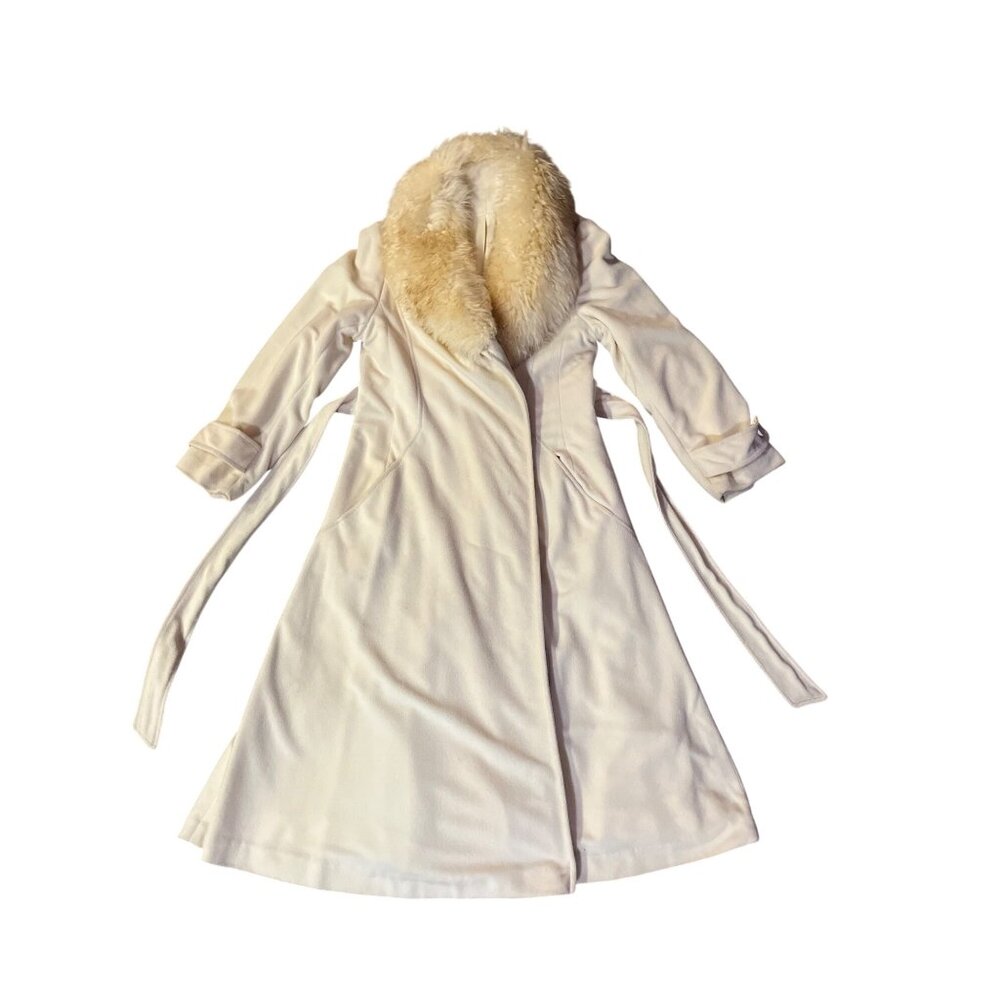 Vintage Kashmiracle Coat Womens S/M? Cream Fur Collar Used Long Belted Coat Uniq - Picture 4 of 16
